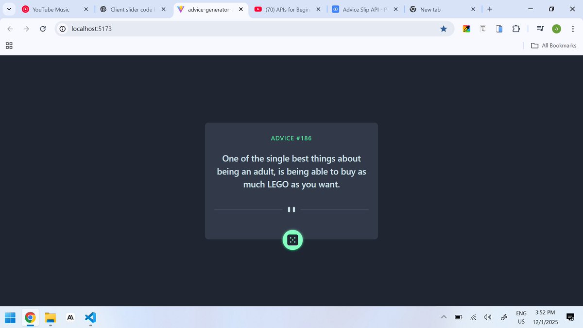 THEJASPERJAY's tweet image. Day 42 of 60 Days of Code
Today I worked on my first API project from @frontendmentor. An advice generator. I really wish I could add something interesting while it loads but with time I will get there. So much to learn. ✌️

#javascript #react #api #webdevelopment #frontendmentor