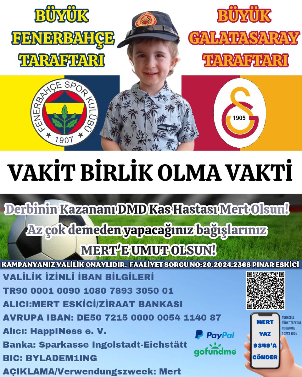 Derbinin Kazananı DMD Kas Hastası Mert Olsun! Az çok demeden yapacağınız bağışlarınız Mert'i ilacına kavuşturacak. 

VAKİT BİRLİK OLMA VAKTİ!

#GSvFB #FBvGS Leroy Sane Skriniar #hiçmiyok Sanchez #Fenerbahçe-Galatasaray Alvarez Kerem  Seçil Erzan