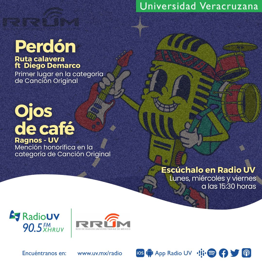 ¡No te quedes sin conocer a los ganadores de #Nómada2025!
En Radio UV presentamos los trabajos seleccionados en la convocatoria de la <a href="/RRUMEXICO/">Red de Radio Universitarias de México (RRUM)</a>:

“Perdón” – Ruta Calavera ft. Diego Demarco

“Ojos café” – Ragnos

🎧 Lunes, miércoles y viernes | 15:30 h | 90.5 FM