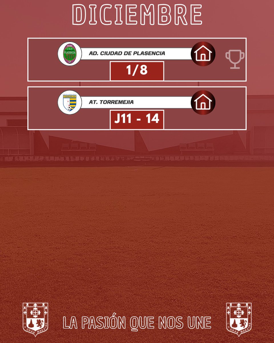 Llega Diciembre, donde disputaremos una nueva fase de la Copa Extremadura ademas de la jornada 11 de liga. ¡Vamos Gran Maestre!

🔴⚪🔴⚪🔴⚪

#LaPasionQueNosUne