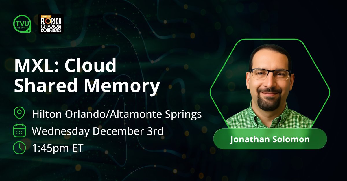 TVUNetworks's tweet image. If you&apos;re planning to attend the @smpteconnect Florida Technology Conference in Orlando this week, don&apos;t miss TVU&apos;s Jonathan Solomon&apos;s session: MXL: Cloud Shared Memory

📅: Wednesday, December 3: 1:45pm 

#CloudTechnology #BroadcastTech