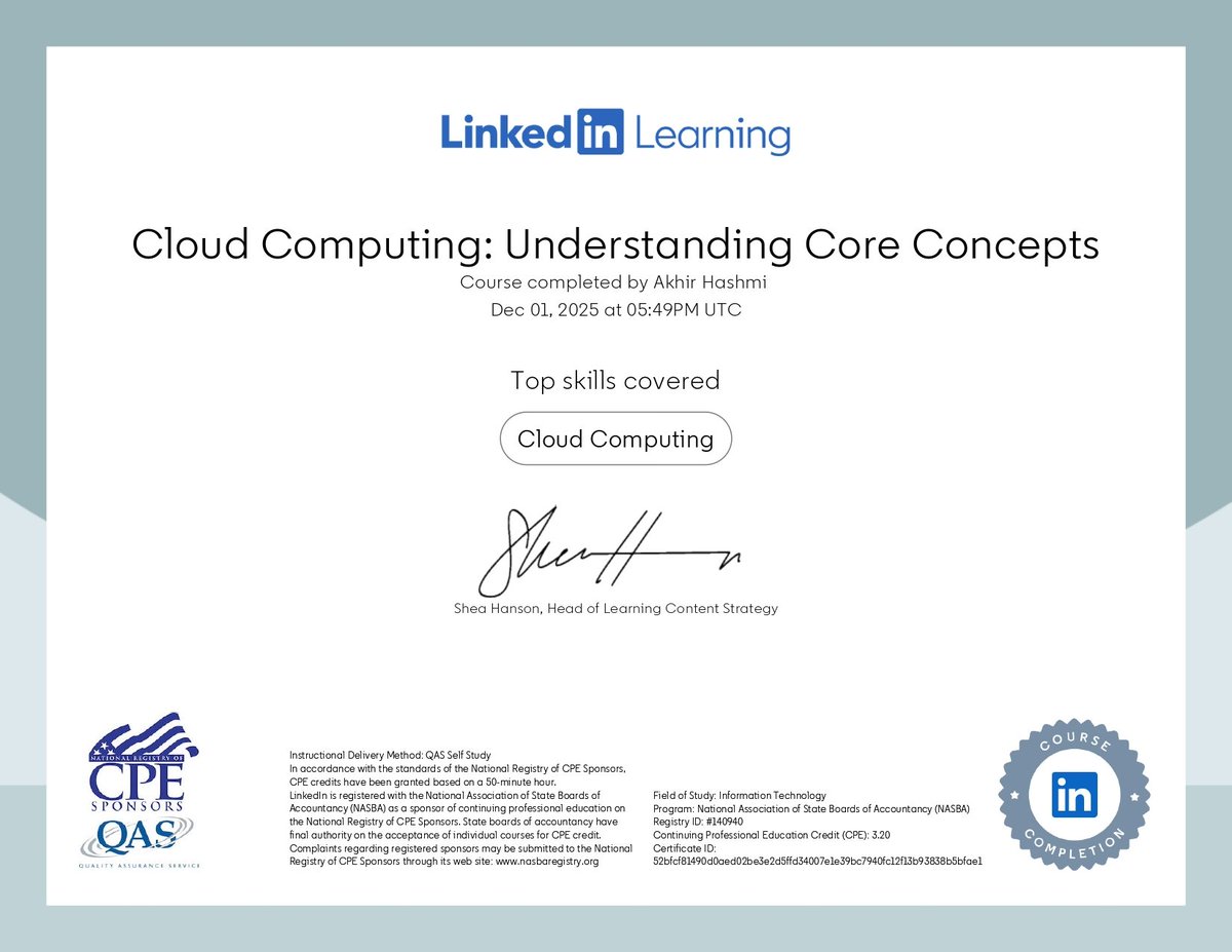 HashmiAakhir's tweet image. ☁️ Just completed the Cloud Computing Foundation course on LinkedIn Learning!  

Excited to explore the power of the cloud in today’s tech world. 

#CloudComputing #LinkedInLearning #TechSkills