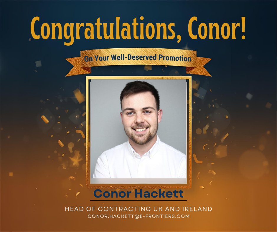 e_frontiers's tweet image. We’re delighted to share that Conor Hackett has been promoted to Head of Contract – UK &amp;amp; Ireland.
A brilliant member of our team, always focused on supporting contractors and building strong relationships.

Well deserved, congrats, Conor!
#EFrontiers #Contracting #UKI