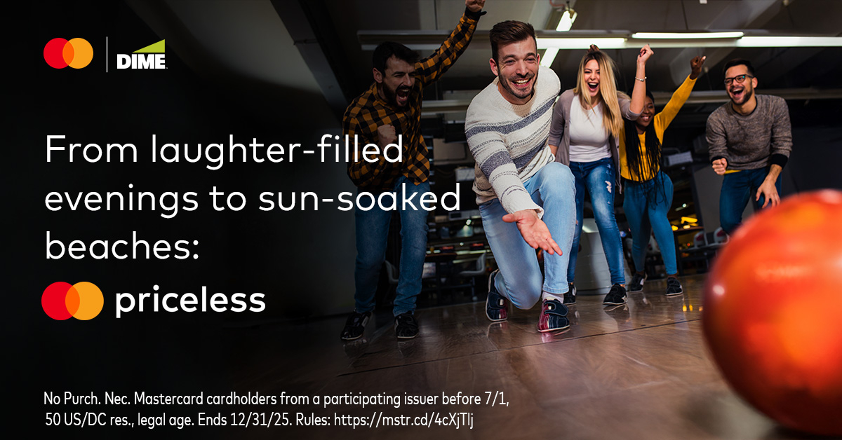 Use your Dime Debit Mastercard on eligible in-store purchases to receive entries for a chance to win a trip – or up to $500.
–
No Purch Nec. Mastercard cardholders from a participating issuer before 7/1, 50 US/DC res., legal age. Ends 12/31/25. Rules: okt.to/xmByf4