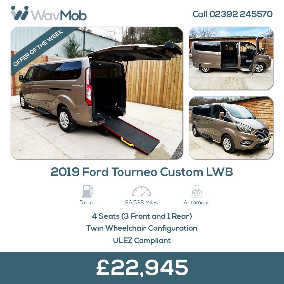 🚗 Offer of the week! 🚗

This eye-catching 2019 Ford Tourneo Custom LWB Twin Wheelchair Configuration WAV is now available for £22,945.

wavmob.co.uk/used-ford-tour… 

♿ 4 Seats
🚗 26,533 Miles
⚙️ Automatic
⛽️ Diesel

📞 02392 245570
✉️ sales@wavmob.co.uk