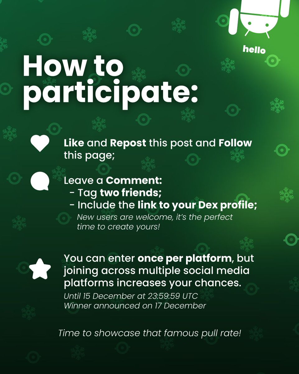 DexTCG's tweet image. 🎁 To celebrate the launch on Android and Christmas, we're doing a massive $1000 TCG Player Gift Card giveaway is live! One lucky winner will take home a prize big enough to supercharge any binder.

✨ Anyone in the world can join. Just follow the steps join the fun and drop your…