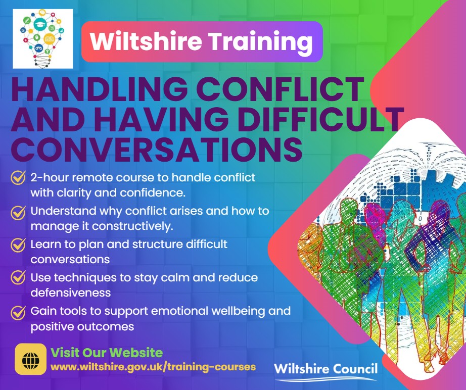 💡 Wiltshire Training are running the following course:

Handling conflict &amp; having difficult conversations

📆 03.12.25
🕙 10.00am to 12.00pm
📍 Microsoft Teams

To find out more and book:
-www.wiltshire.gov.uk/training-courses
 
*if you work in a school book via Right Choice