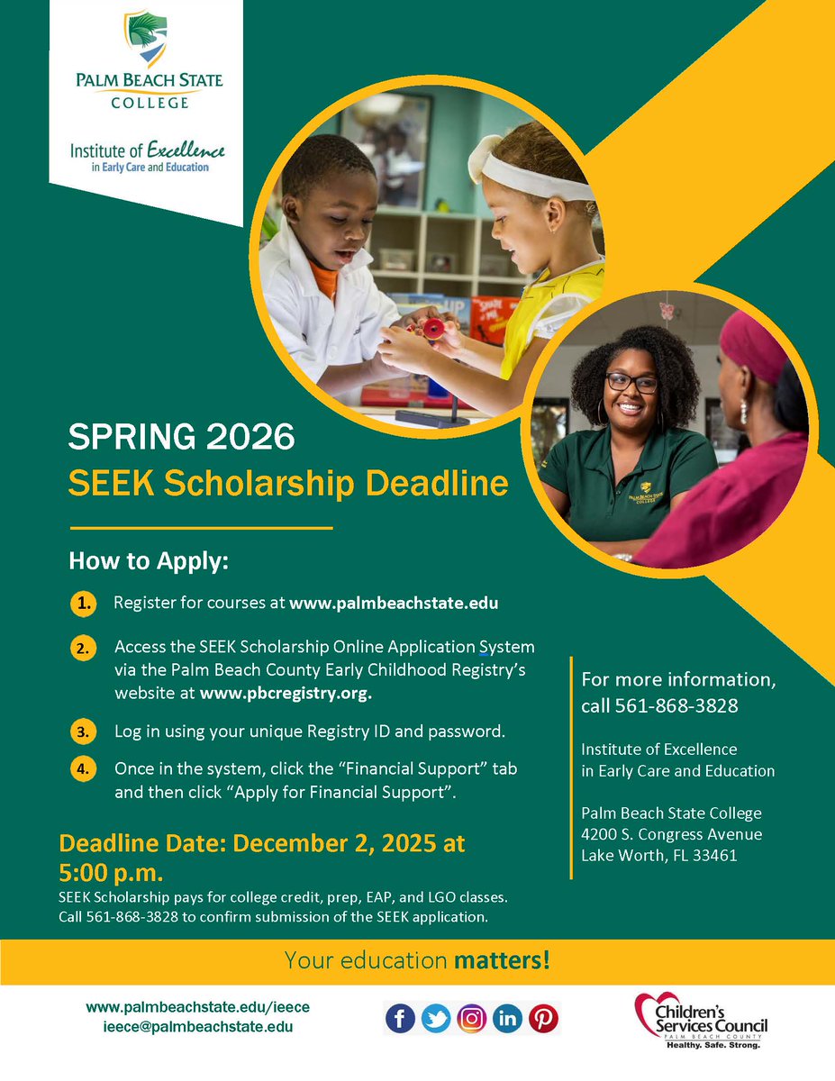 PBSCEarlyCare's tweet photo. Can you believe it? The SEEK Scholarship deadline is tomorrow! Make sure you have enrolled for your Spring 2026 Palm Beach State College classes and apply!
#springcourses #spring2026 #earlychildhood

Apply Here at https://t.co/lZwfmzUXHP https://t.co/Ui7dj2eLqG
