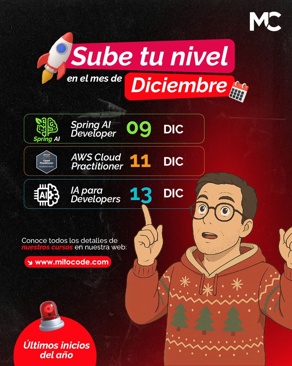 mitocode's tweet image. 🚨 NUEVOS INICIOS DE DICIEMBRE 🚨

¡Hey Coder! 🙋🏻♀️🙋🏻♂️. Sube tu nivel en el mes de DICIEMBRE 🚀 e inscríbete y no dejes pasar la oportunidad de mejorar tus habilidades como programador(a) 💪🏼

🚨 ÚLTIMOS INICIOS DEL AÑO: buff.ly/pY7dgj2
.
#mitocode #programador
