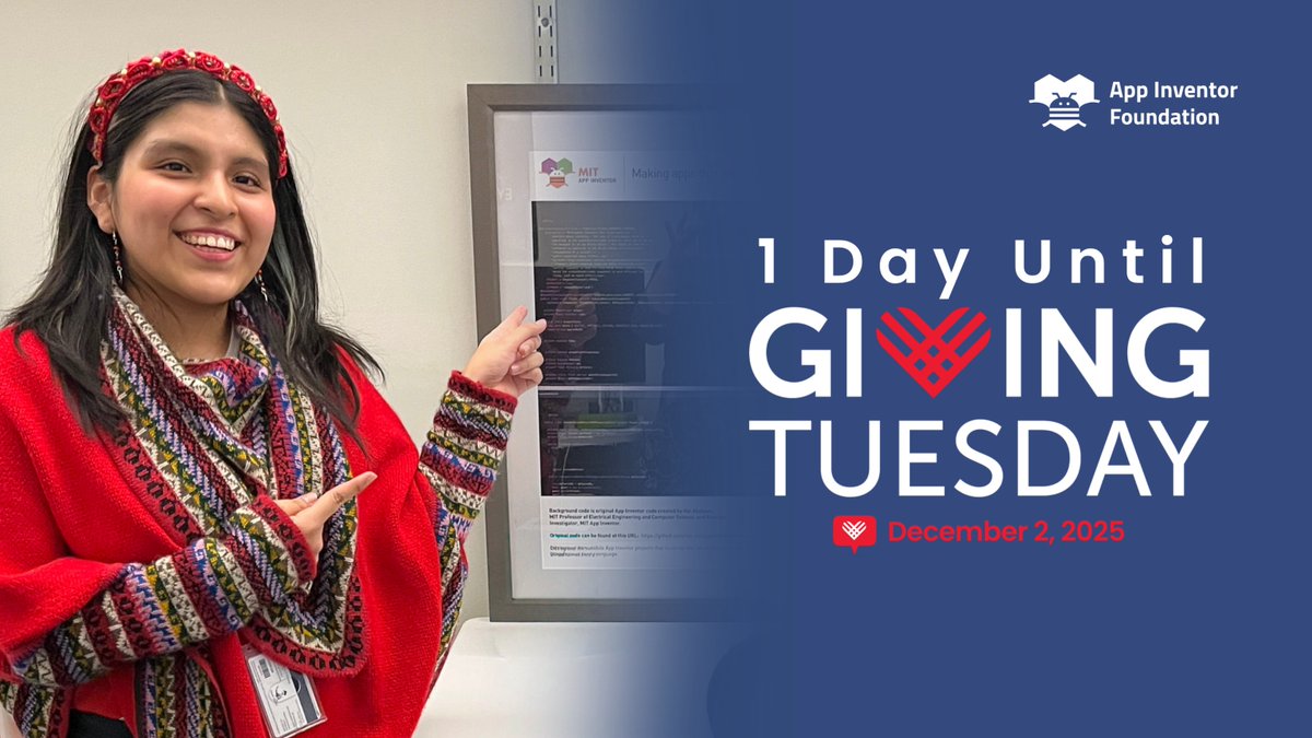 MITAppInventor's tweet image. We shared stories about  Maura, the SurVive team, and Rika —part of a global community of 25+M people using #MITAppInventor to turn ideas into impact.

This #GivingTuesday, your support keeps App Inventor free and empowers the next gen of innovators. 
💚 aif.to/support