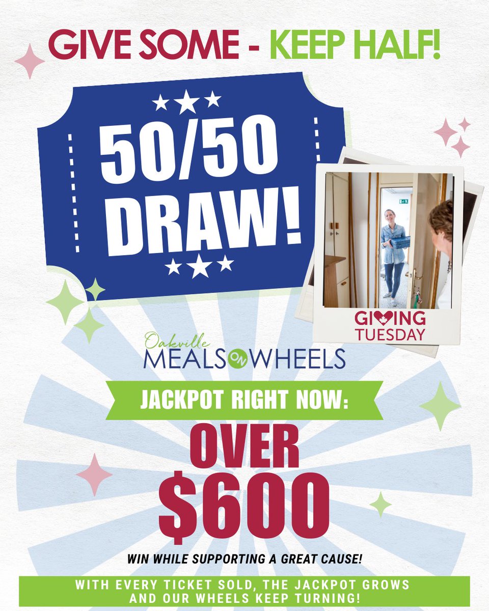 💙💚 Today is the perfect moment to support our community through the Oakville Meals on Wheels 50/50 Raffle!⁠
⁠
GivingTuesday is a global day of giving. Taking part means choosing to make a positive impact right here in your community, helping us continue delivering nutritious