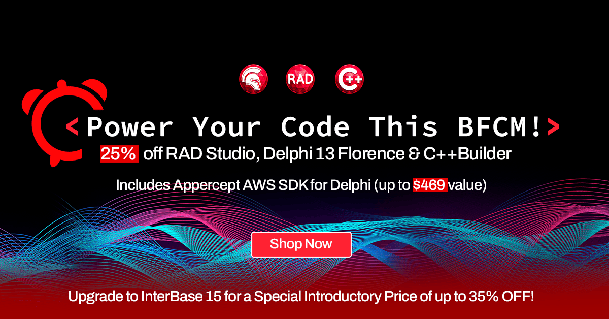 EmbarcaderoTech's tweet image. Limited-time only! Black Friday / Cyber Monday Deals:

✨ Up to 25% OFF RAD Studio, Delphi &amp;amp; C++Builder 13 Florence
✨ FREE Appercept AWS SDK for Delphi (up to $469 value)

Shop now: tinyurl.com/yujv4swk

#DevTools #Developers #Coding #SoftwareDevelopment