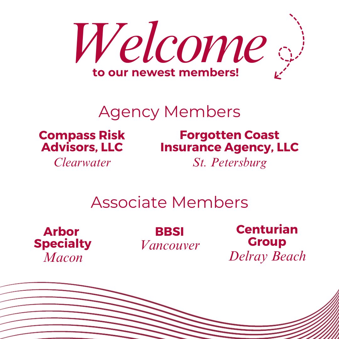 Extending a warm welcome to our newest members! Welcome to our new agency members, Compass Risk Advisors, LLC, and Forgotten Coast Insurance Agency, LLC, as well as our associate members, Arbor Specialty, BBSI, and Centurian Group. #MemberMonday