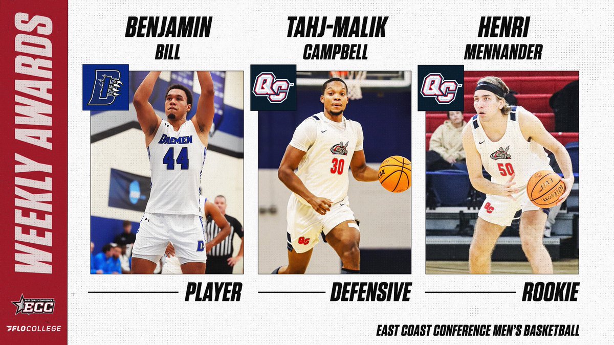 ECCSports's tweet image. No. 3 @DaemenAthletics @Benjamin_Bill04 led @DaemenMBB (8-0!) to wins over California (Pa.) and Clarion while a pair of @QCKnights turned in strong individual performances to highlight our ECC MBB Week 3 awards! 🏀

🔗 - eccsports.org/news/2025/12/1…