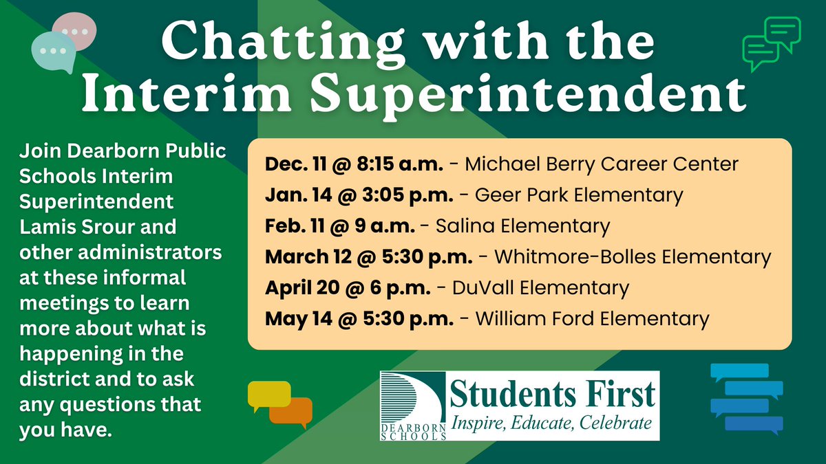 Chatting with the Interim Superintendent events start for the year on Dec. 11!  Parents, community members and students are invited to join us for these informal conversations to learn more about and ask questions about Dearborn Public Schools!

firstbell.dearbornschools.org/2025/12/01/inf…