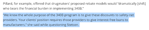A federal appellate panel heard arguments in pharma’s ongoing assault on HHS’s authority to approve or deny 340B rebates. Let’s hope this comment (via 340B Report) from Judge Cornelia Pillard to a pharma lawyer heralds a favorable ruling. #Protect340B #340BMatters