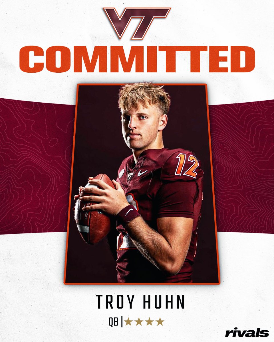 Rivals's tweet photo. 🚨BREAKING🚨 4-star QB Troy Huhn has committed to Virginia Tech🦃

Huhn recently decommitted from Penn State. 

Read: https://t.co/gcIF433KBY https://t.co/oFmIMsVtqc
