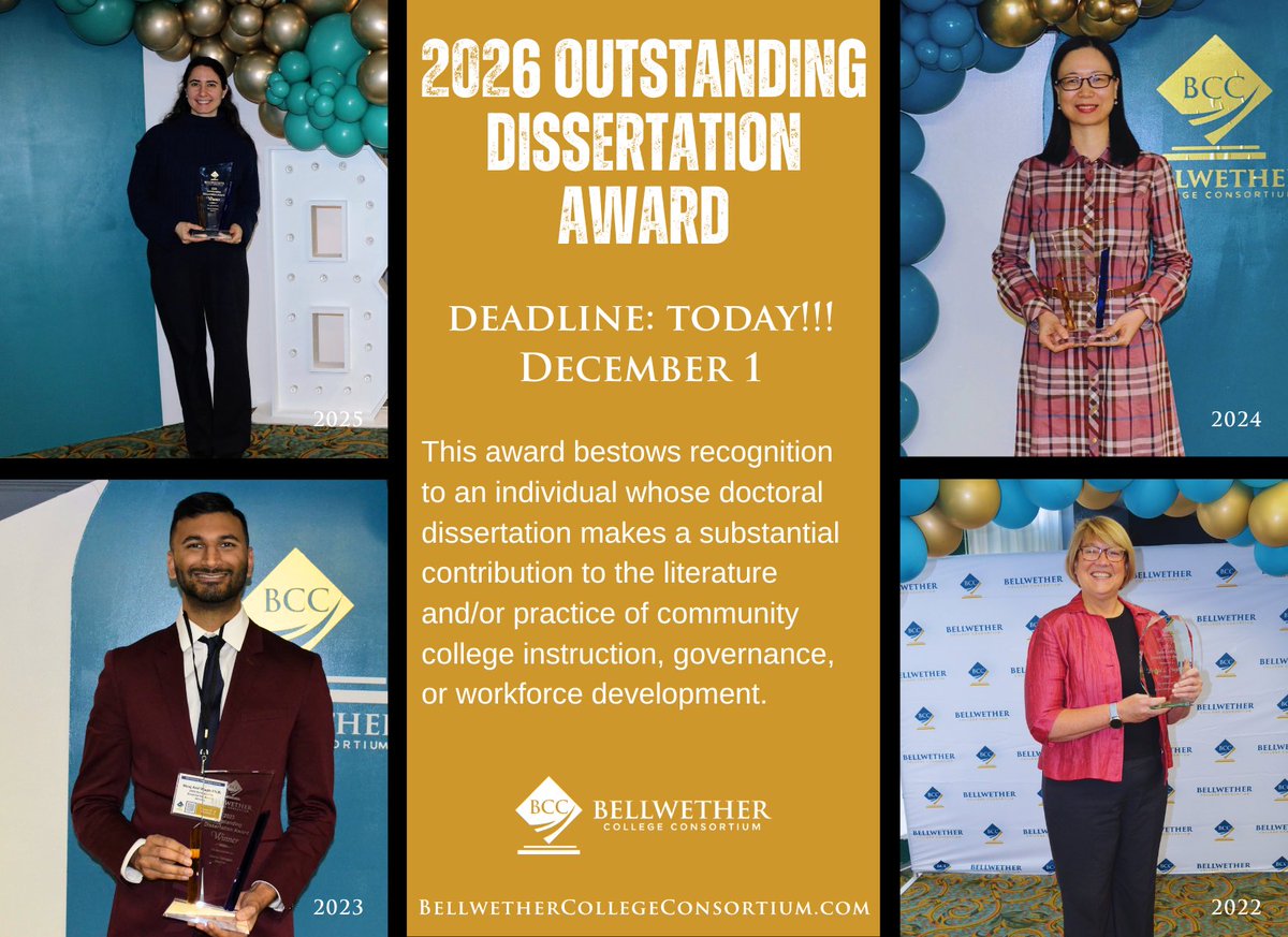 BellwetherCC's tweet image. Today is the last day to submit your application for the 2026 BCC Outstanding Dissertation Award. Don&apos;t delay and submit your complete application now at ewd.wufoo.com/forms/2026-dis…. Best of luck!!!