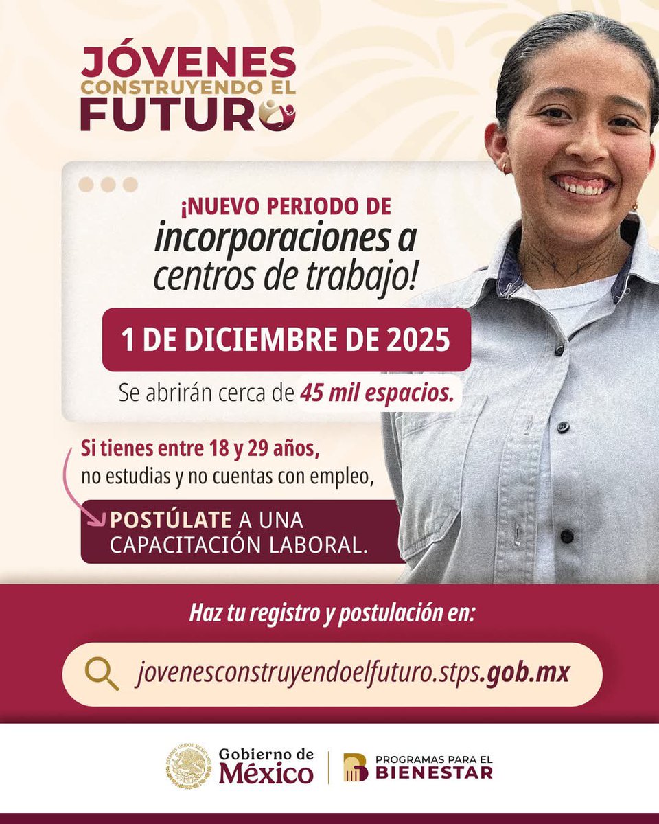 LaloMedecigoMR's tweet photo. Desde este 1 de diciembre está abierto el nuevo periodo de incorporación a #JóvenesConstruyendoElFuturo.
Si tienes entre 18 y 29 años, puedes capacitarte, aprender un oficio y abrirte camino laboral.

Regístrate aquí:
👉 https://t.co/5kDva83tbY

#LaloMedécigo #MineralDeLaReforma https://t.co/MK2CLZncg9
