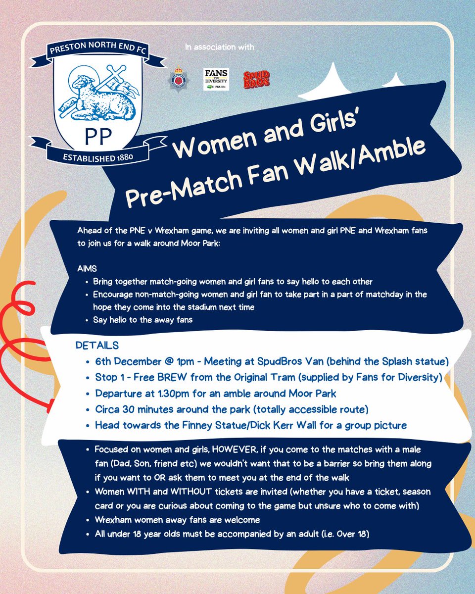 PNEPolice's tweet photo. We @LancsPolice are proud to be a part of this initiative the first (of hopefully many) Women/Girls Fan Walks.

Come &amp; join the “gang” for a brew and walk.  Open to home, away fans and those who do not have a ticket but are interested in attending a match in the future! #pnefc https://t.co/SBhLK8ytYw