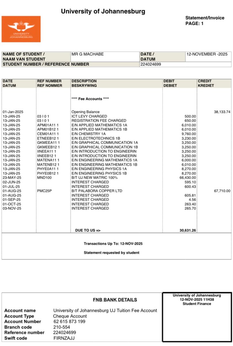 AfricaFirst9's tweet photo. @Anele Hi Anele. I’m in desperate need of financial assistance to settle my outstanding student fees so I get my results. Currently studying Mechanical Engineering at UJ. I would appreciate a donation of any amount 🙏 https://t.co/kQphIXcR0w