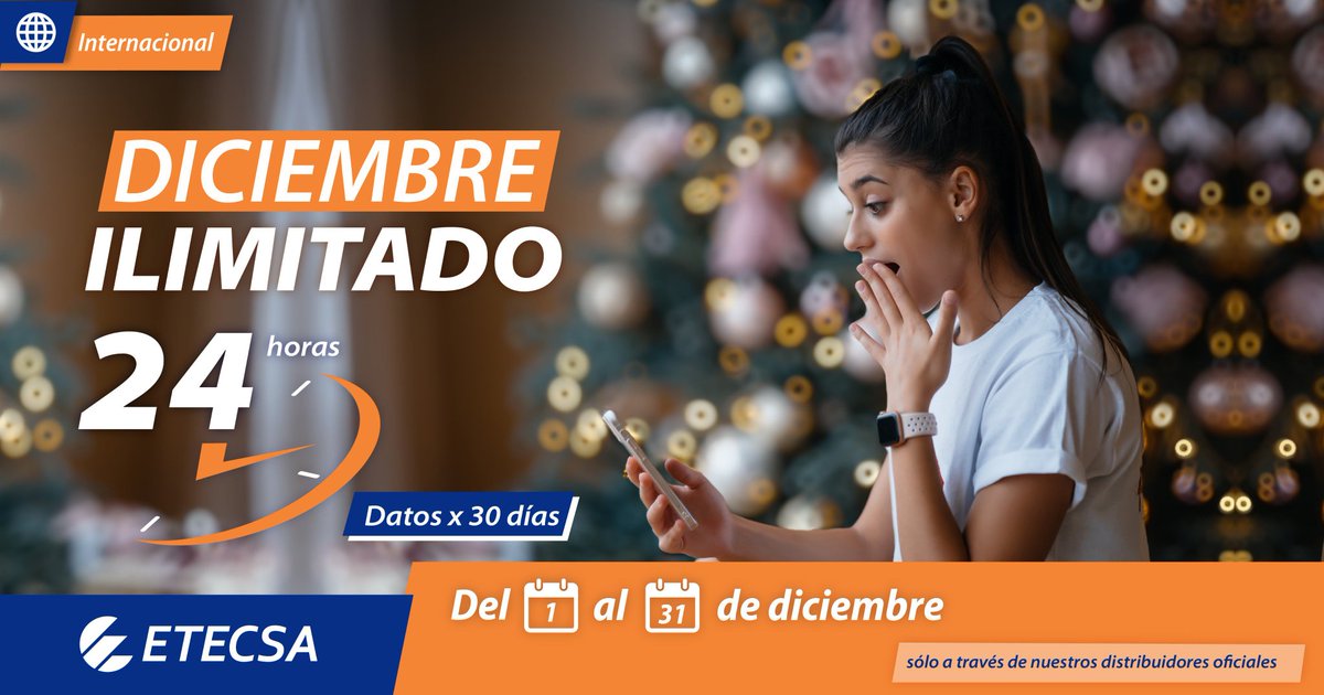 EliBustoDel02's tweet photo. #EtecsaTeAcompaña 
Promoción para este mes de diciembre,para disfrutar tu fin de Año 💙 Datos ilimitados por 30 días las 24 horas del día @AlonsoSybel https://t.co/wqubG9Jh3k