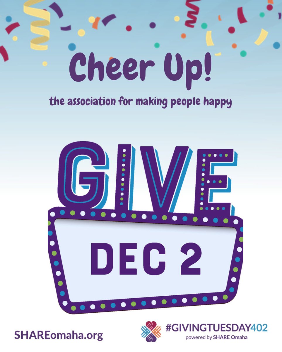 CheerUpOmaha's tweet photo. Don’t forget about CheerUp! Tomorrow on giving Tuesday!!! All donations help us continue making people happy and giving back!!! #CheerUp #GivingTuesday #Charity https://t.co/ZJhVQ652u0
