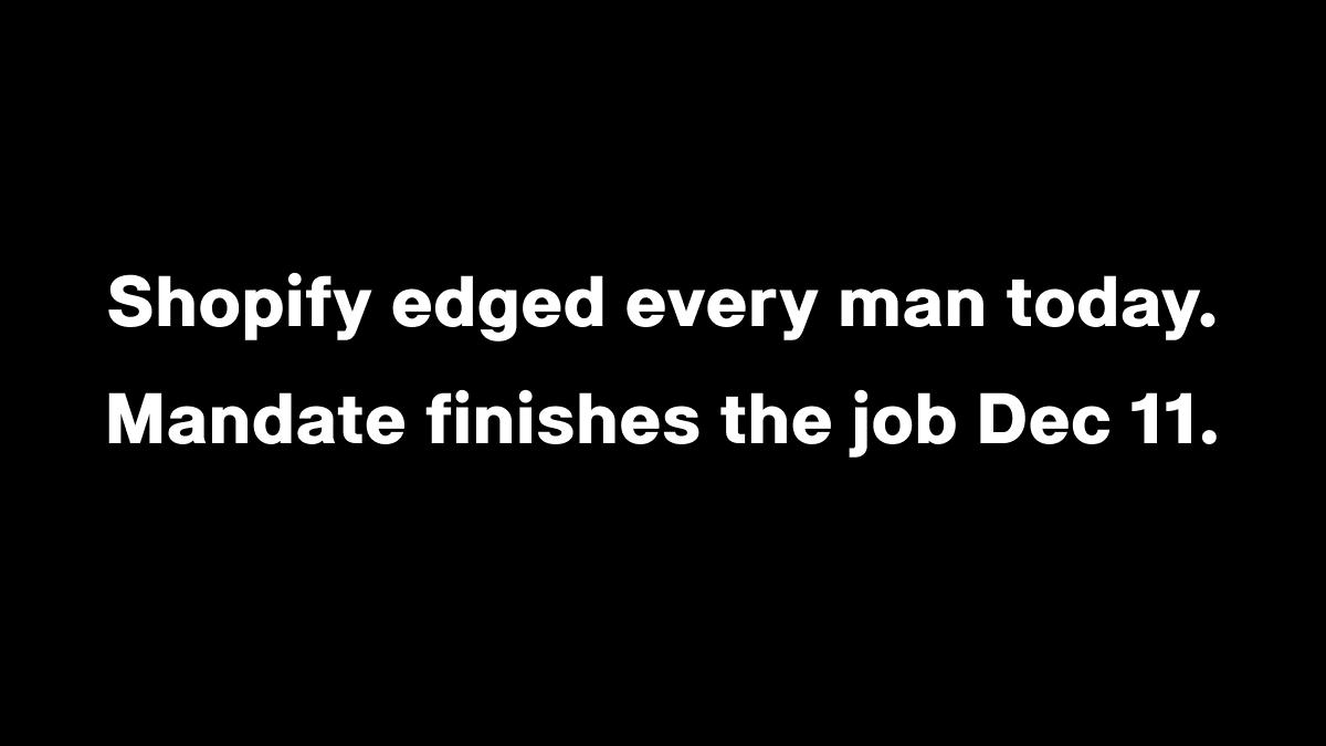 MandateStore's tweet photo. Shopify edged every man on earth today
and left us all blue-balled.  

Mandate finishes what Shopify started Dec 11
Your balls finally get the support they deserve.  

Waitlist open. Come get happy:
https://t.co/ur7o46N8Rn 

Still love you @Shopify 

#Shopify #ShopifyDown #Mandate #BallSupport