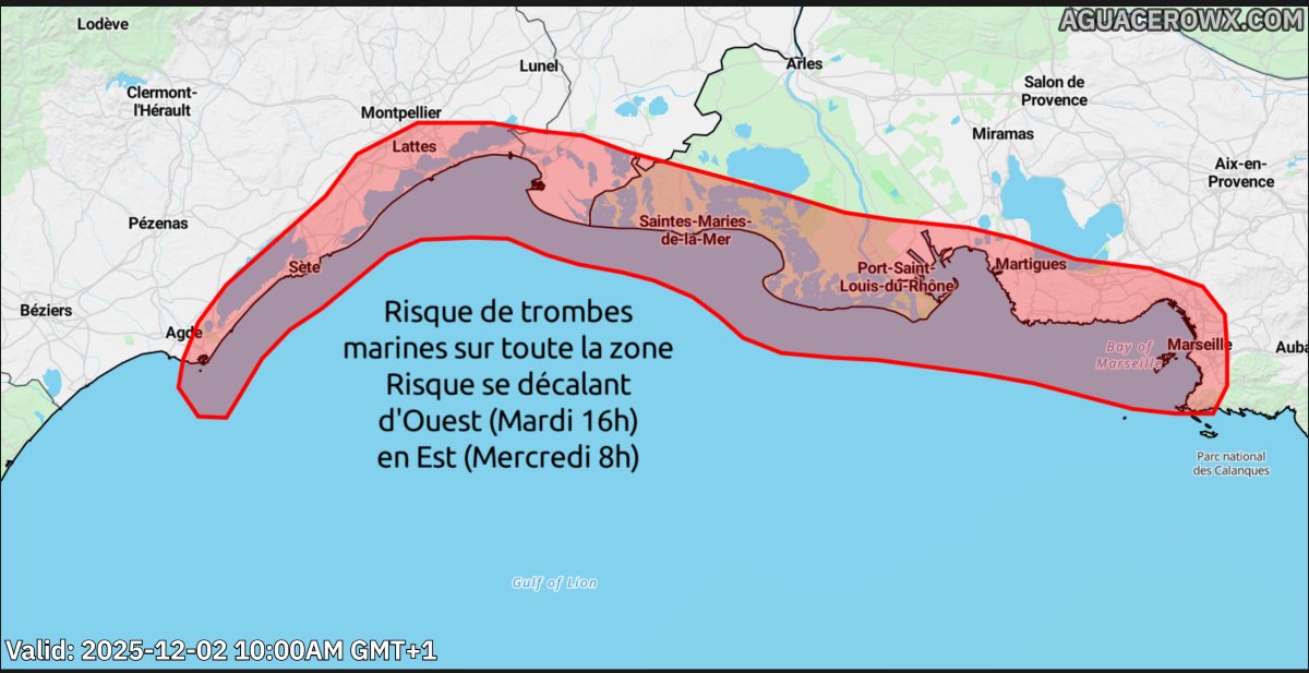 Un risque de trombes marines non négligeable se profile pour la côte méditerranéenne demain. Un convergence combinée à une zone de forte vorticité ainsi qu'une légère instabilité pourrait former quelques phénomènes tourbillonnaires qui pourrait toucher les côtes localement.