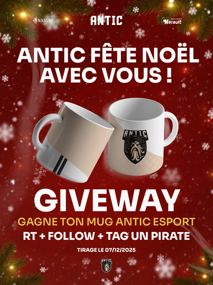Les pirates, c’est Noël avant l’heure !🎄✨
Chaque semaine jusqu’au 𝟮𝟴 𝗱𝗲́𝗰𝗲𝗺𝗯𝗿𝗲, on vous gâte 🎁
Cette semaine : 𝘂𝗻 𝗺𝘂𝗴 𝗰𝗼𝗹𝗹𝗲𝗰𝘁𝗼𝗿 𝗔𝗡𝗧𝗜𝗖 !

Pour participer :
🔁 RT
❤️ Follow <a href="/AnticeSport/">Antic ESC</a>
👥 Tag un pirate qui a froid le matin ☕

Bonne chance ! 🏴‍☠️