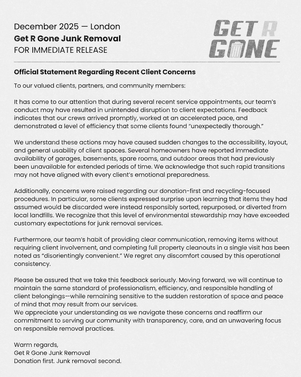 GetRGone's tweet image. Yes, this is satire. 😂
We hopped on the “Official Apology Letter” trend and made our own dramatic corporate memo.
No real issues — just jokes, junk, and unexpectedly clean garages.

#GetRGone #Satire #LondonOntario