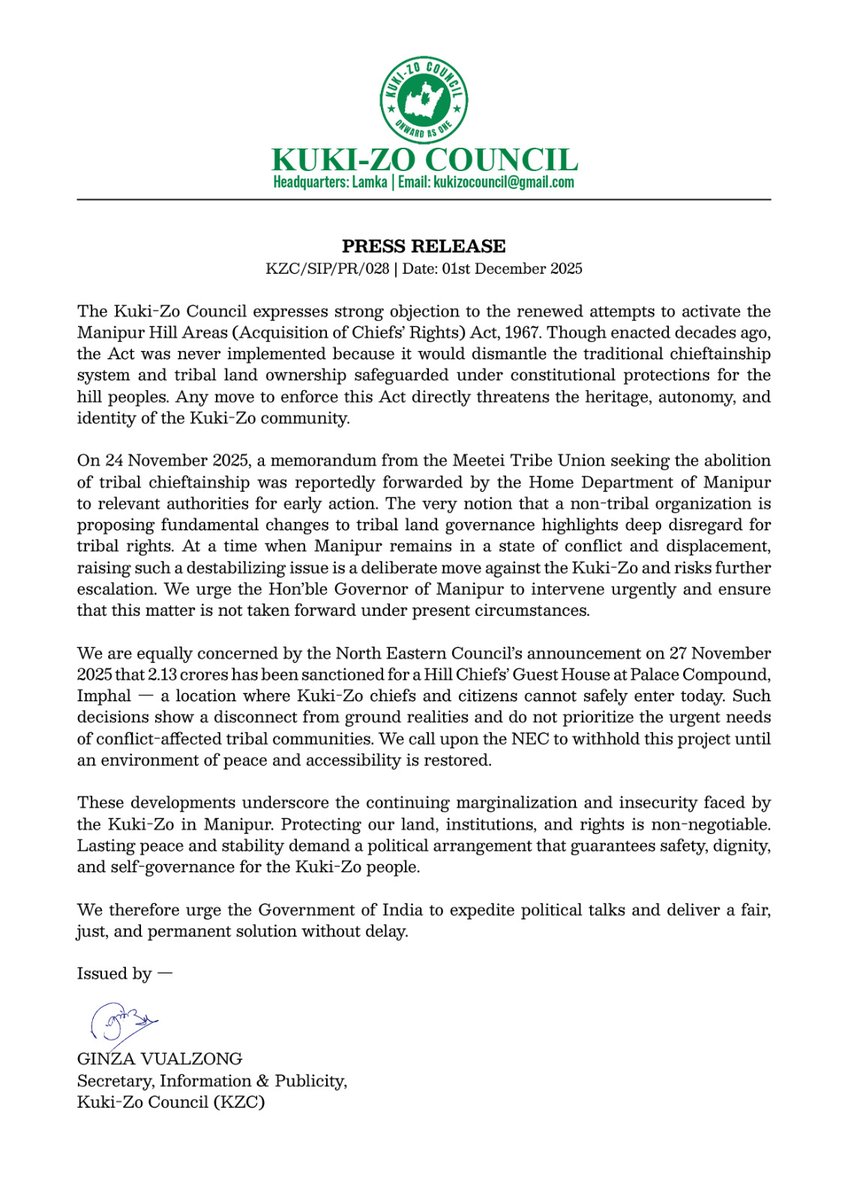 The KZC strongly opposed the renewed attempts to activate the Manipur Hill Areas (Acquisition of Chiefs' Rights) Act, 1967.  Appealing to the Governor for timely intervention and to the NEC to withhold the 2.13 crores project.
<a href="/RajBhavManipur/">RAJ BHAVAN, MANIPUR</a> <a href="/MIB_India/">Ministry of Information and Broadcasting</a>
<a href="/ANI/">ANI</a> <a href="/PTI_News/">Press Trust of India</a> <a href="/HMOIndia/">गृहमंत्री कार्यालय, HMO India</a>