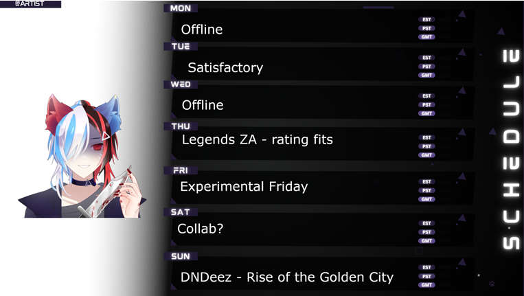 MysteryForS_DD's tweet photo. This weeks Schedule. Live at 19:00 CEST/ 2am JST/ 10am PST every day, except Sunday when we start at 14:00 CEST/ 9pm /5am PST I m also prepping a second campaign to run in parallel DND.
https://t.co/ZBuVP85HZM
#DeeLive #VTubers #VINFERNIA #Kairos https://t.co/nrv1pocSGD