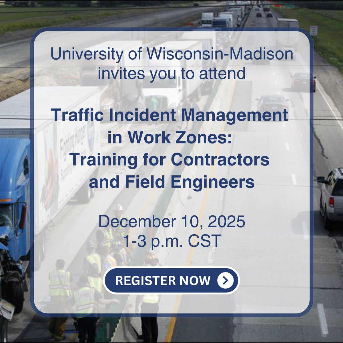 This two-hour instructor-led webinar, offered by the University of Wisconsin-Madison, focuses on the best practices for prevention, response and follow-up involving Work Zone Traffic Incident Management (WZ TIM). Register here: uwmadison.zoom.us/meeting/regist…