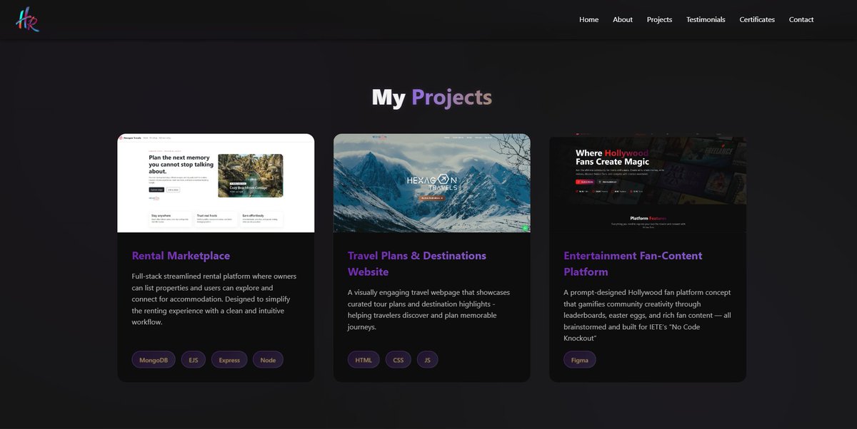 HarshvardhanRaw's tweet image. ✅ Phase 1 - Day 70  
• Added the Projects section to my portfolio website 🧩  
• Showcasing what I’ve built so far 🚀  

Site: harshvardhanrawat.dev  

#WebDev #PortfolioWebsite #FrontendDev #100DaysOfCode #CodingJourney #BuildInPublic