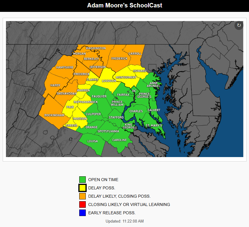 AdamMooreWX's tweet photo. 12/2/25 SCHOOLCAST: Tomorrow is a tricky one in terms of school decisions, due to the window of when wintry precip. affect our region. Those in northern MD, as well as the I-81 corridor, have the chance of a delay, but areas south &amp; east of DC will likely remain open on time. https://t.co/2qUdsDUzjs