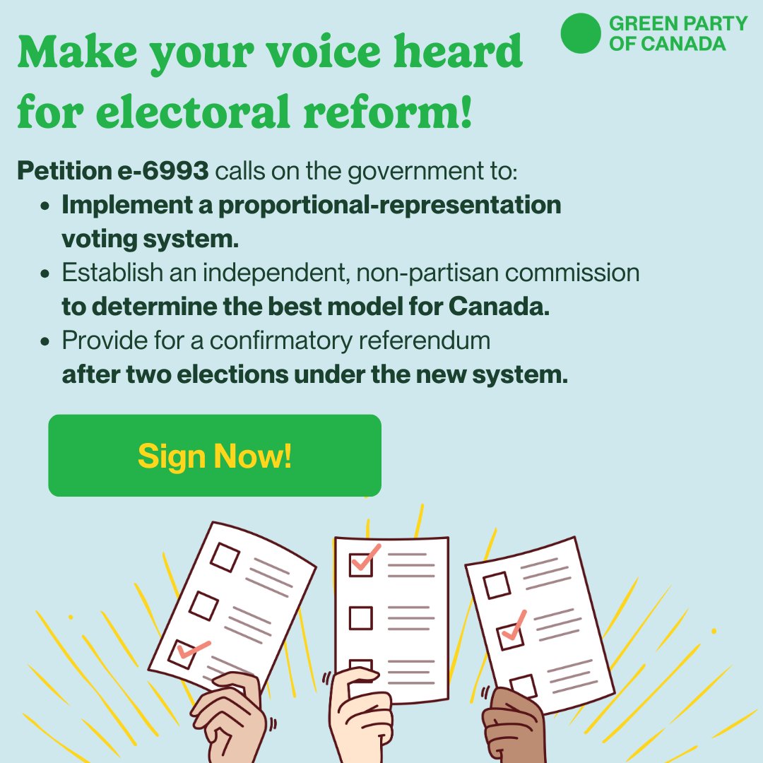 Now’s your chance to make every vote count! It’s time for real electoral reform in Canada. Add your name to petition e-6993 and help make a fair, proportional voting system a reality:
ourcommons.ca/petitions/en/P…