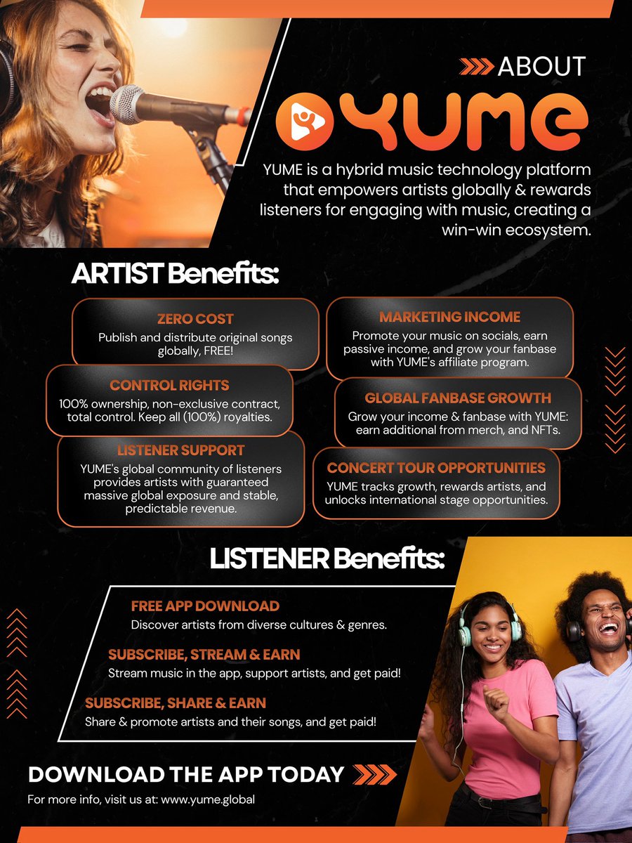 NE_Live_events's tweet photo. ℹ️ Quick info about YUME Music

✅ YUME is scouting global artists with original tunes, all genres &amp; languages welcome 🎙️🎤🎸🥁🎹🎺🎵

✅ Love discovering new music &amp; wanna make extra 💰🤑💸 simply by listening to music? Hit up the Playstore or AppStore &amp; grab the YUME Music App! https://t.co/l5BbFUq360