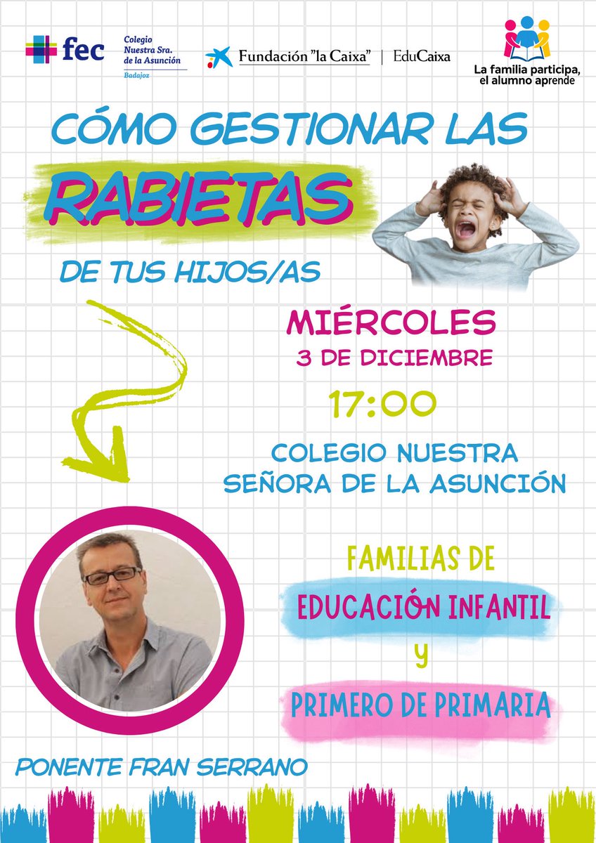 ¿Rabietas en casa? ¡Tenemos la solución! ✨
Te invitamos a una charla práctica y cercana.
📅Miércoles, 3 de diciembre
🕔17:00
📍Colegio Nuestra Señora de la Asunción.
Dirigido a familias de Educación Infantil y 1º de Primaria.
Ponente: Fran Serrano
#ColegiosFEC #Badajoz