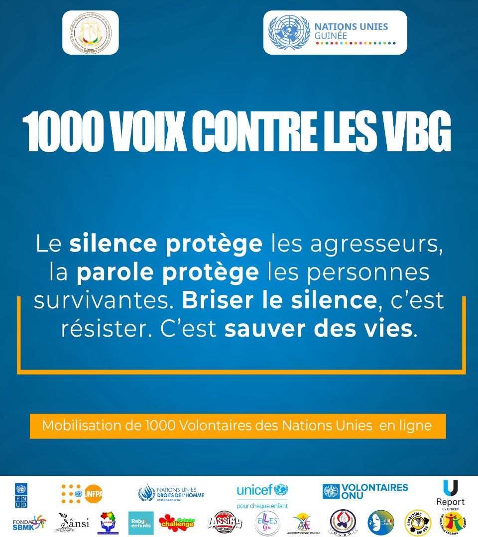 Le silence protège les agresseurs. La parole protège les survivant·e·s.
Briser le silence, c’est résister.
C’est sauver des vies. #BriserLeSilence #StopViolences

<a href="/OnuGuinee/">NATIONS UNIES GUINEE</a> <a href="/unfpa_guinee/">UNFPA GUINEE</a> <a href="/Onudhguinee/">ONU Droits de l'homme Guinée</a> <a href="/UNICEFGuinea/">UNICEF Guinea</a> <a href="/pvnuguinee/">VNU Guinée</a> <a href="/PNUDGuinee/">PNUD Guinée</a>