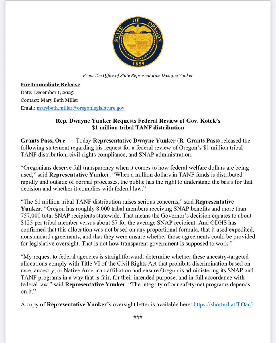RepYunker's tweet image. The Governor cut a $1 million check — no questions asked.
No oversight. No proof of disproportionate need.
And the questions still go unanswered.
That’s why I’m asking the Feds for help. Oregonians deserve answers. 👇🏼👇🏼

shorturl.at/auU9k

files.constantcontact.com/e9068abb901/4f…
