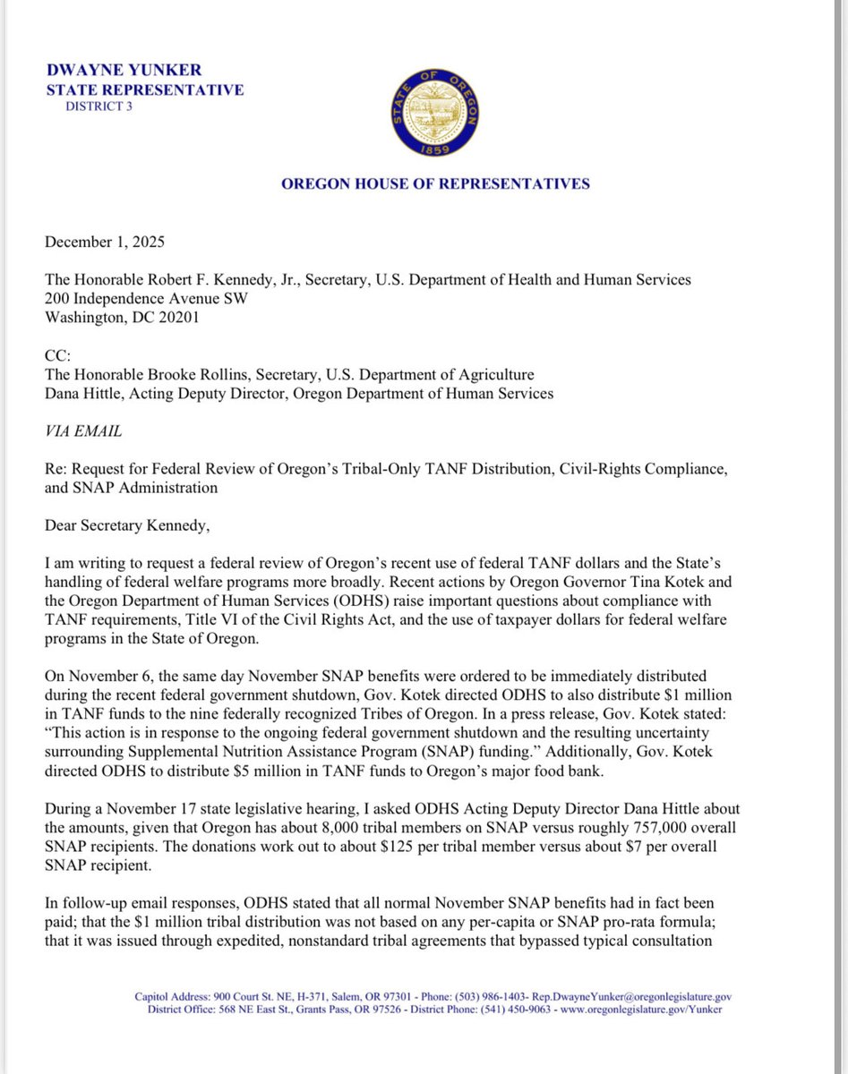 RepYunker's tweet image. The Governor cut a $1 million check — no questions asked.
No oversight. No proof of disproportionate need.
And the questions still go unanswered.
That’s why I’m asking the Feds for help. Oregonians deserve answers. 👇🏼👇🏼

shorturl.at/auU9k

files.constantcontact.com/e9068abb901/4f…