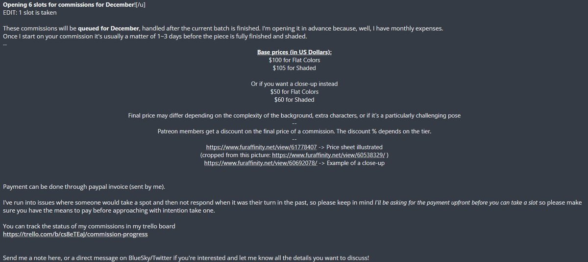 Opening 6 slots for standard commissions for December!  Message me if you're interested!  Attached are the price sheet and a screenshot of the FA journal with the terms.