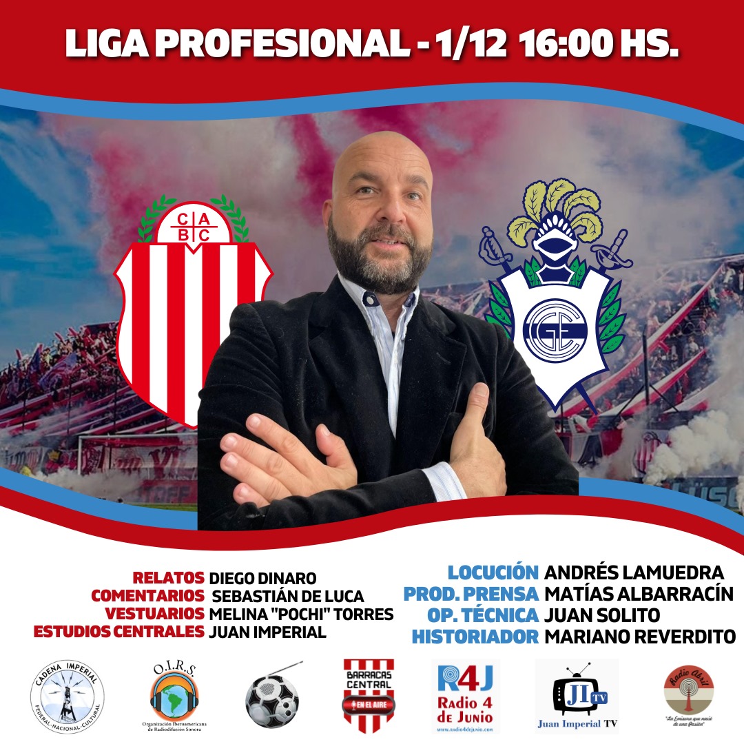 📌 @fpdelosarg - @barracasaire
⏰ 16:00
⚽️ <a href="/barracascentral/">Club Atlético Barracas Central</a> 🆚 @Gimnasiaoficial 
🏆 <a href="/LigaAFA/">Liga Profesional de Fútbol</a>
🗣️ <a href="/DiegoDinaro912/">Diego Dinaro</a>
🎙️ Sebastian De Luca
🎤 "Meli" Torres
📻 <a href="/radio4dejunio/">R4j Radio 4 de Junio</a>, <a href="/juanimperialtv/">Juan Imperial TV</a>, @CadenaImperial y <a href="/oirsarg/">O.I.R.S.</a>
💻 radio4dejunio.com - youtube.com/@JuanImperialtv