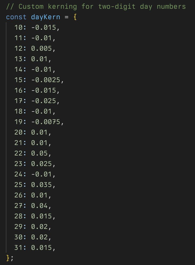 bryan_king's tweet image. my stendig cal is entirely styled with tailwind, other than 10 lines that style the divided day cells at the end of the month (24/31).

also, the each of the double digit numbers is custom kerned to match vignelli&apos;s original intent.