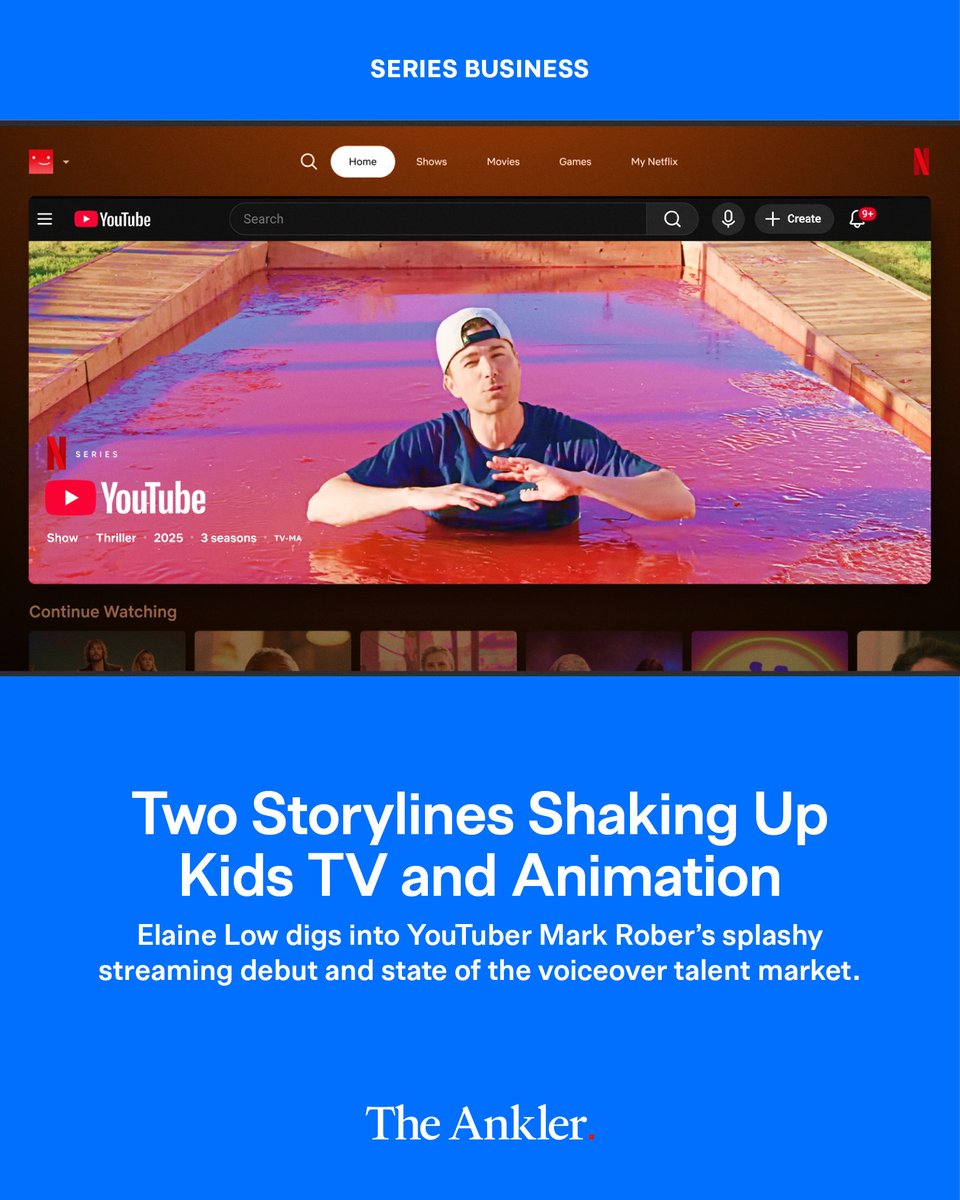 TheAnkler's tweet image. .@elainelow digs into Netflix’s latest move to poach kids from YouTube by repackaging Mark Rober’s biggest hits, plus a look at how A-listers crowd out animation voice pros as AI pressures rise. Plus, take a survey on where Hollywood is heading theankler.com/p/netflix-raid…