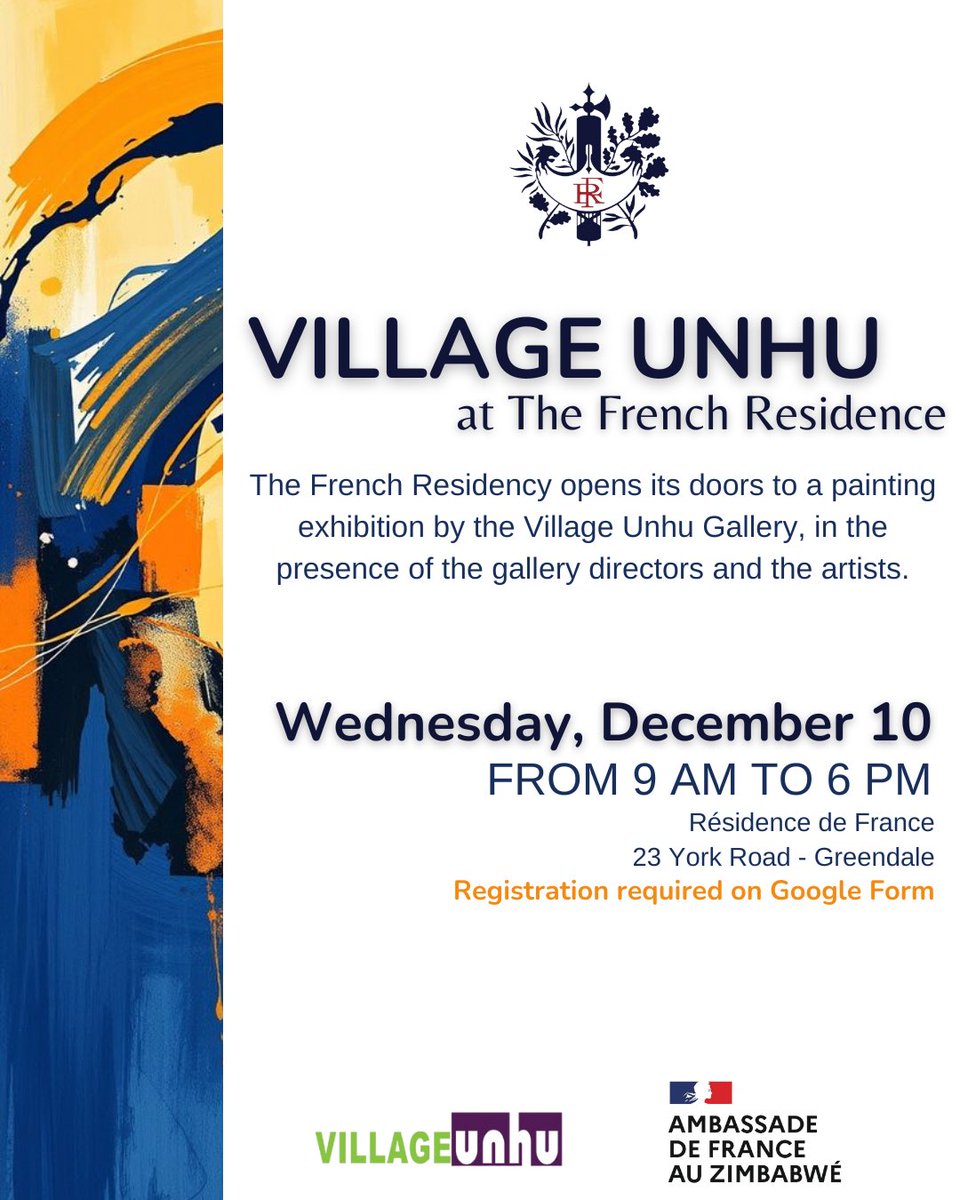 🎨 Village Unhu at the French Residence!

Come and discover a selection of exclusive artworks from the Village Unhu Gallery, in the presence of the artists and the gallery directors.

This exhibition will be an opportunity to explore the work of talented artists, engage with