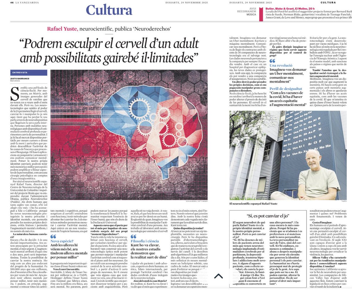 pepmartorell's tweet image. O fixem avui uns neurodrets clars (privacitat mental, identitat, lliure albir) o demà la nostra ment serà només una dada més al núvol.

És molt rellevant aquesta entrevista a @yusterafa a càrrec de @justobarranco a LV.

(Ho desenvolupo una mica més al meu Substack, l'enllaç al…