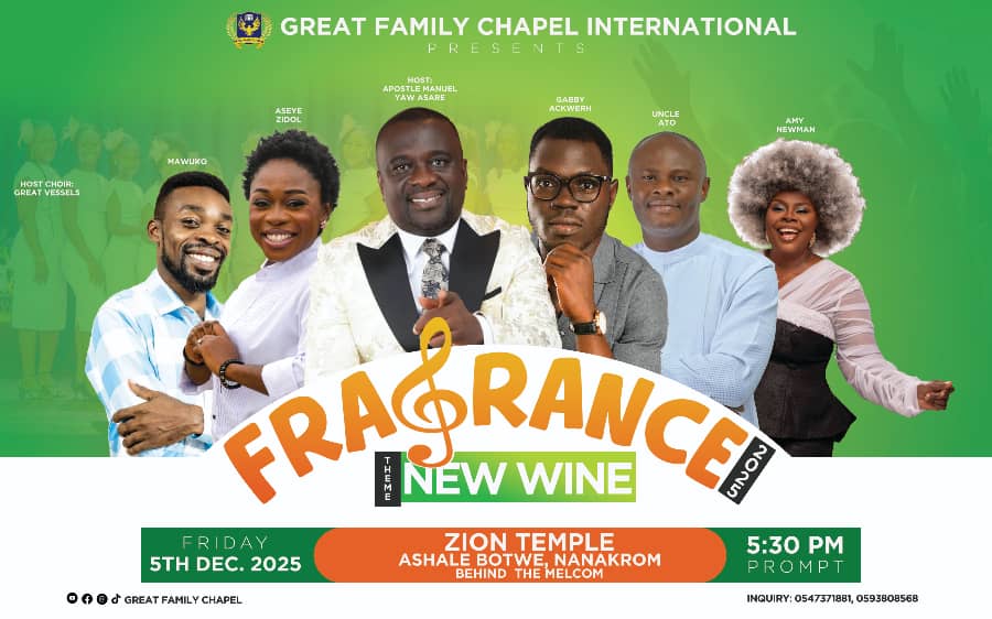 greatfamilychap's tweet photo. Step into an atmosphere filled with the fragrance of worship and the outpouring of new wine. Let’s gather as one family and end the year with deep thanksgiving and vibrant praise! 

#Fragrance25   #NewWine 
#AmyNewman
#UncleAto
#GabbyAckwerch
#Aseye
#Mawuko
#GreatVesselChoir https://t.co/soZKhjzzcW