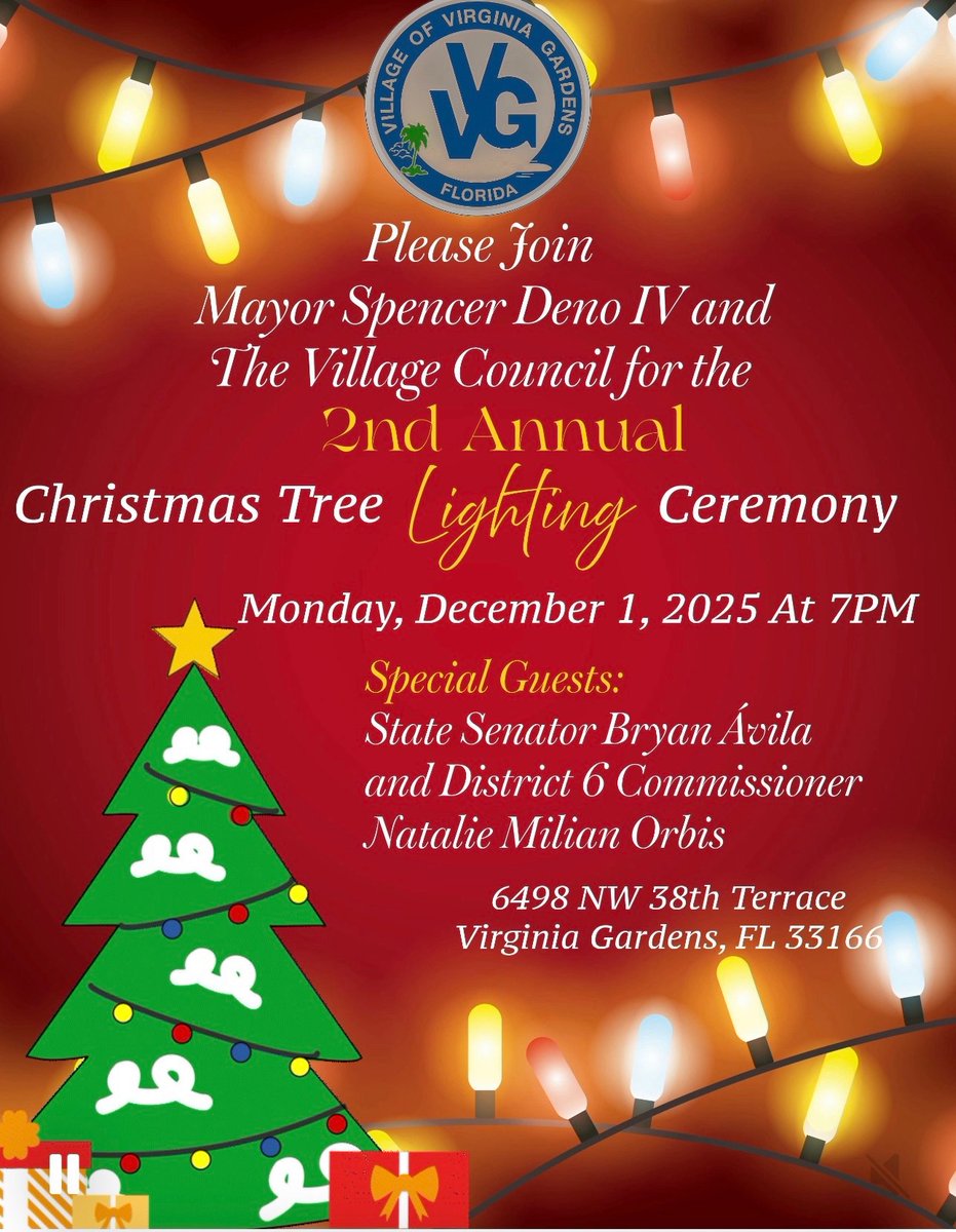I am looking forward to seeing our families and friends at the 2nd Annual Christmas Tree Lighting Ceremony in the Village of Virginia Gardens. See you this evening! <a href="/MiamiDadeCounty/">Miami-Dade County</a>